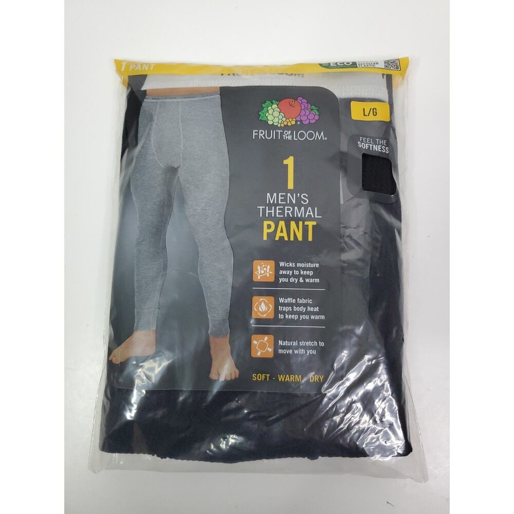 New Fruit Of The Loom 1 Men’s Thermal Black Pants Size L base layer